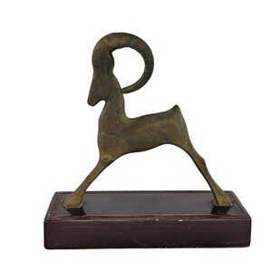 Vintage Brass Ram Ibex Goat Sculpture On Wooden Base
